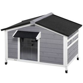PawHut Wooden Cabin Style Outdoor Dog House with Openable Roof, Removable Bottom, Windows, Curtain, Foot Covers, Gray