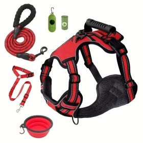 Tactical Service Dog Harness Strap Set, Car Seat Belt, Collapsible Bowl, Biodegradable Trash Bag Set For Dogs (Option: Red-L)